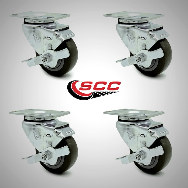 3 Inch SS Gray Polyurethane Swivel Top Plate Caster Set with Brake SCC